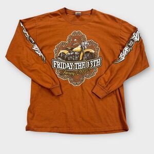 Friday the 13th Shirt Men's Large Orange Port Dover Biker Grunge Long Sleeve‎